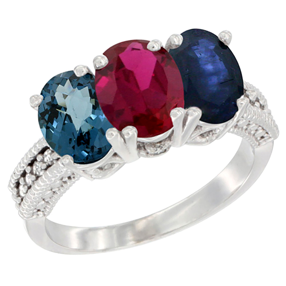 10K White Gold Natural London Blue Topaz, Ruby &amp; Blue Sapphire Ring 3-Stone Oval 7x5 mm Diamond Accent, sizes 5 - 10