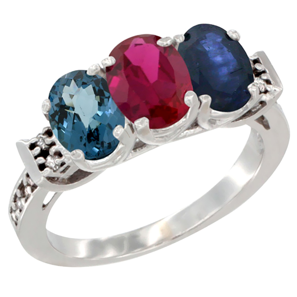 14K White Gold Natural London Blue Topaz, Enhanced Ruby &amp; Natural Blue Sapphire Ring 3-Stone 7x5 mm Oval Diamond Accent, sizes 5 - 10