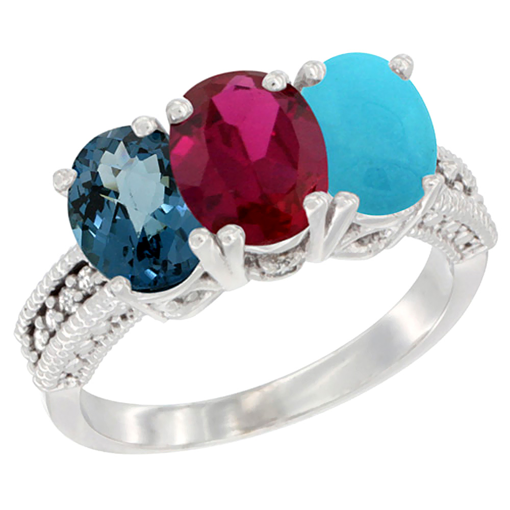 10K White Gold Natural London Blue Topaz, Ruby &amp; Turquoise Ring 3-Stone Oval 7x5 mm Diamond Accent, sizes 5 - 10