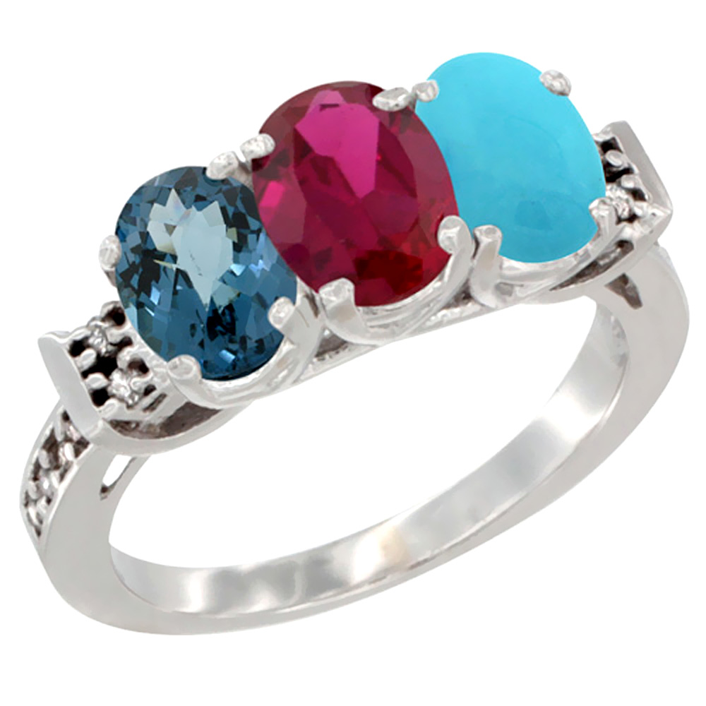 14K White Gold Natural London Blue Topaz, Enhanced Ruby &amp; Natural Turquoise Ring 3-Stone 7x5 mm Oval Diamond Accent, sizes 5 - 10
