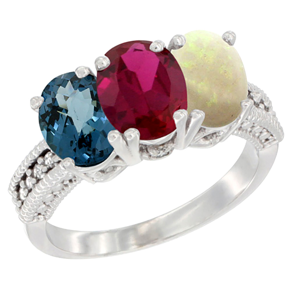 10K White Gold Natural London Blue Topaz, Ruby &amp; Opal Ring 3-Stone Oval 7x5 mm Diamond Accent, sizes 5 - 10