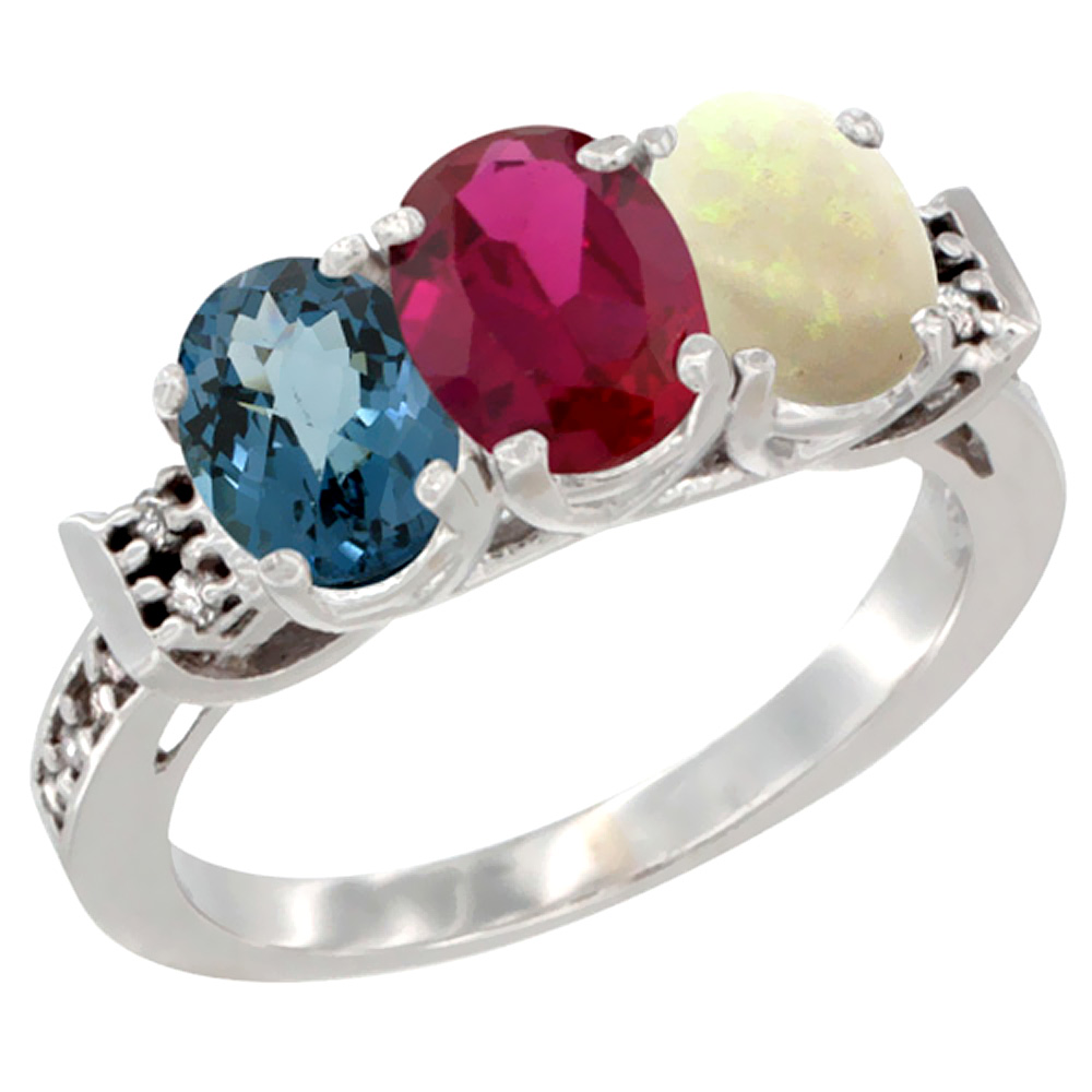 10K White Gold Natural London Blue Topaz, Enhanced Ruby & Natural Opal Ring 3-Stone Oval 7x5 mm Diamond Accent, sizes 5 - 10