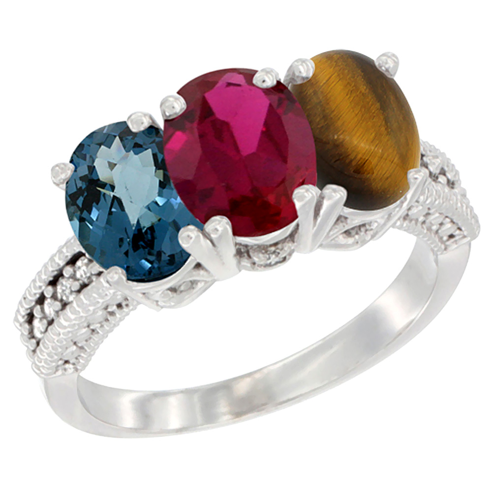 10K White Gold Natural London Blue Topaz, Ruby &amp; Tiger Eye Ring 3-Stone Oval 7x5 mm Diamond Accent, sizes 5 - 10