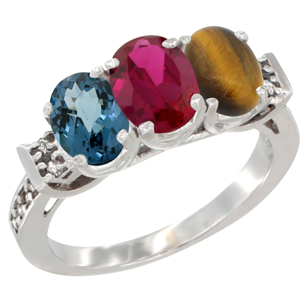 14K White Gold Natural London Blue Topaz, Enhanced Ruby &amp; Natural Tiger Eye Ring 3-Stone 7x5 mm Oval Diamond Accent, sizes 5 - 10