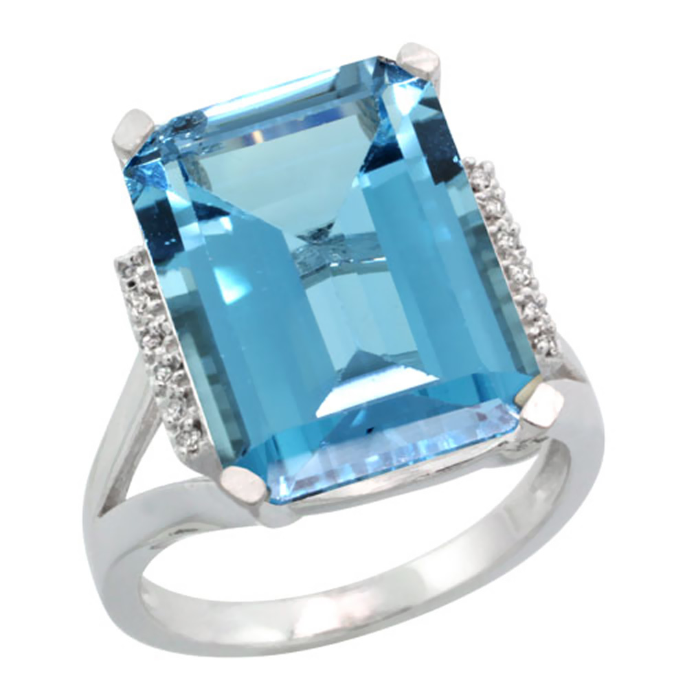 10K White Gold Diamond Natural London Blue Topaz Ring Emerald-cut 16x12mm, sizes 5-10
