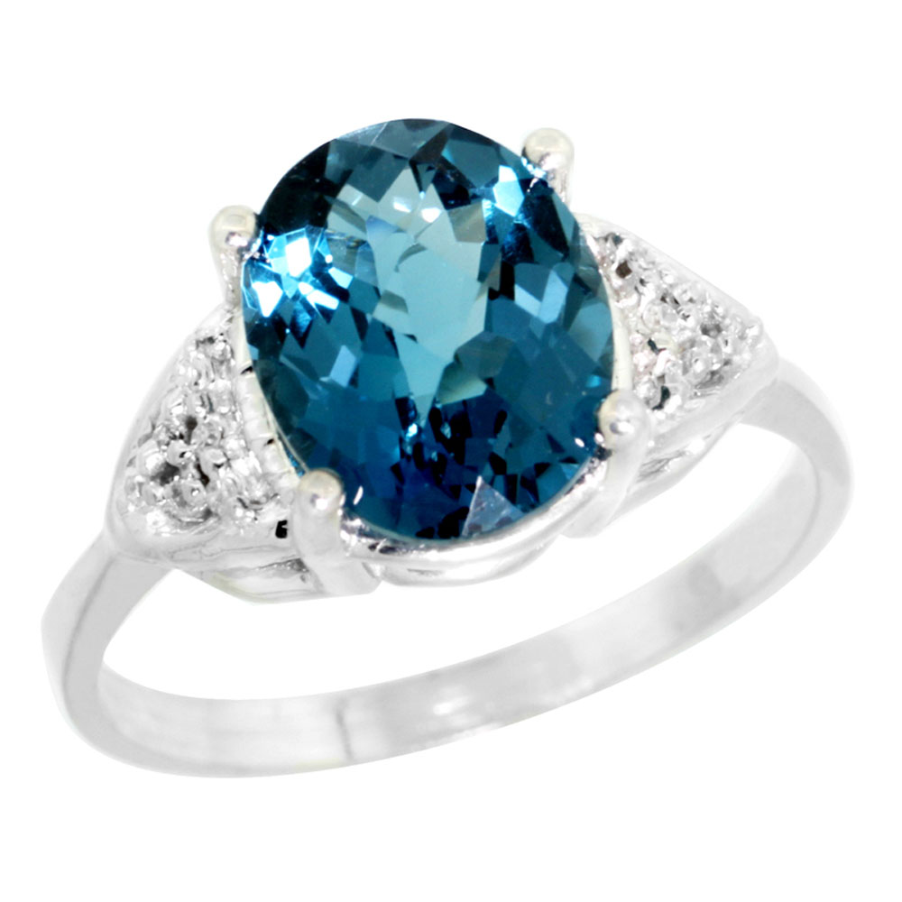 14k White Gold Diamond Natural London Blue Topaz Engagement Ring Oval 10x8mm, sizes 5-10