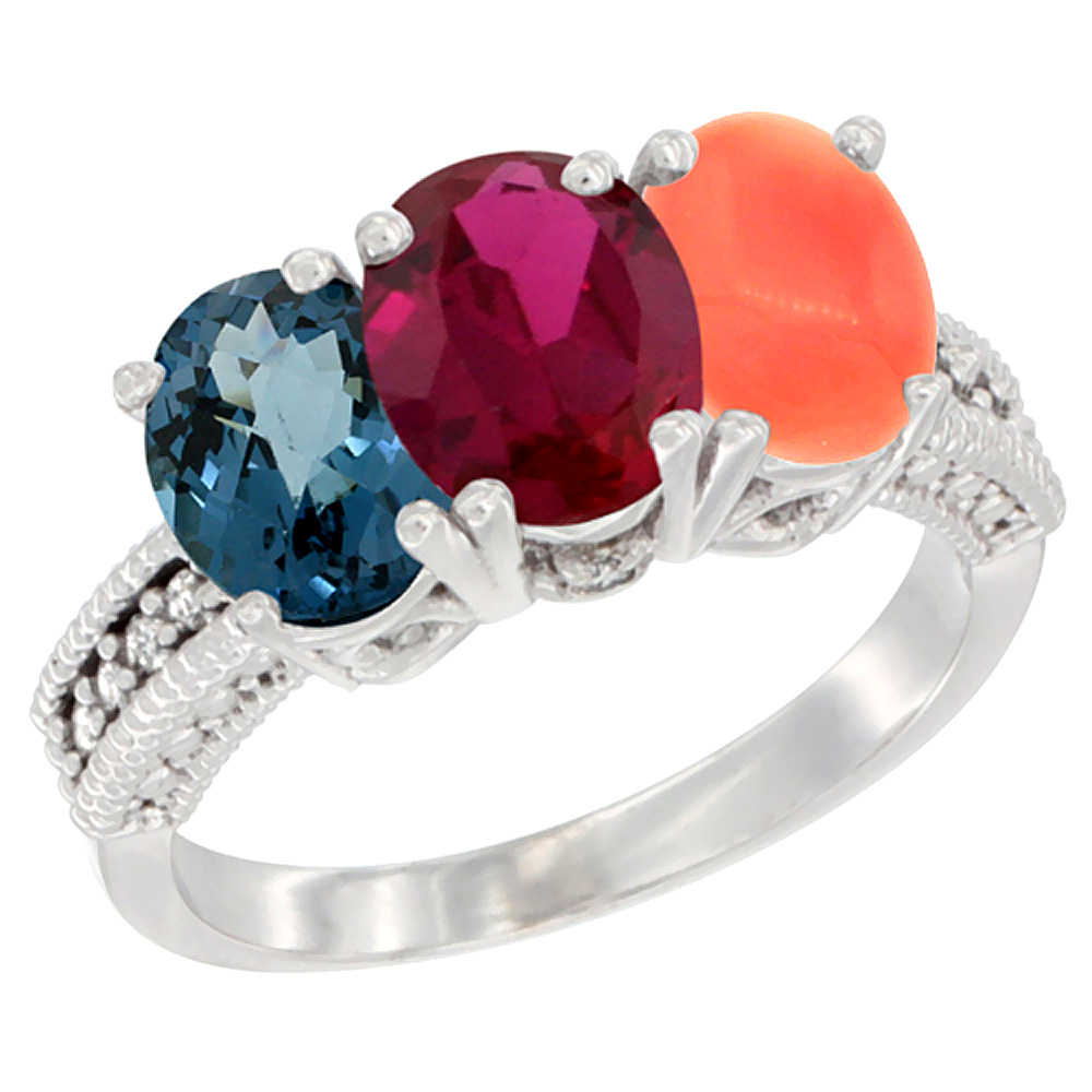 10K White Gold Natural London Blue Topaz, Ruby &amp; Coral Ring 3-Stone Oval 7x5 mm Diamond Accent, sizes 5 - 10