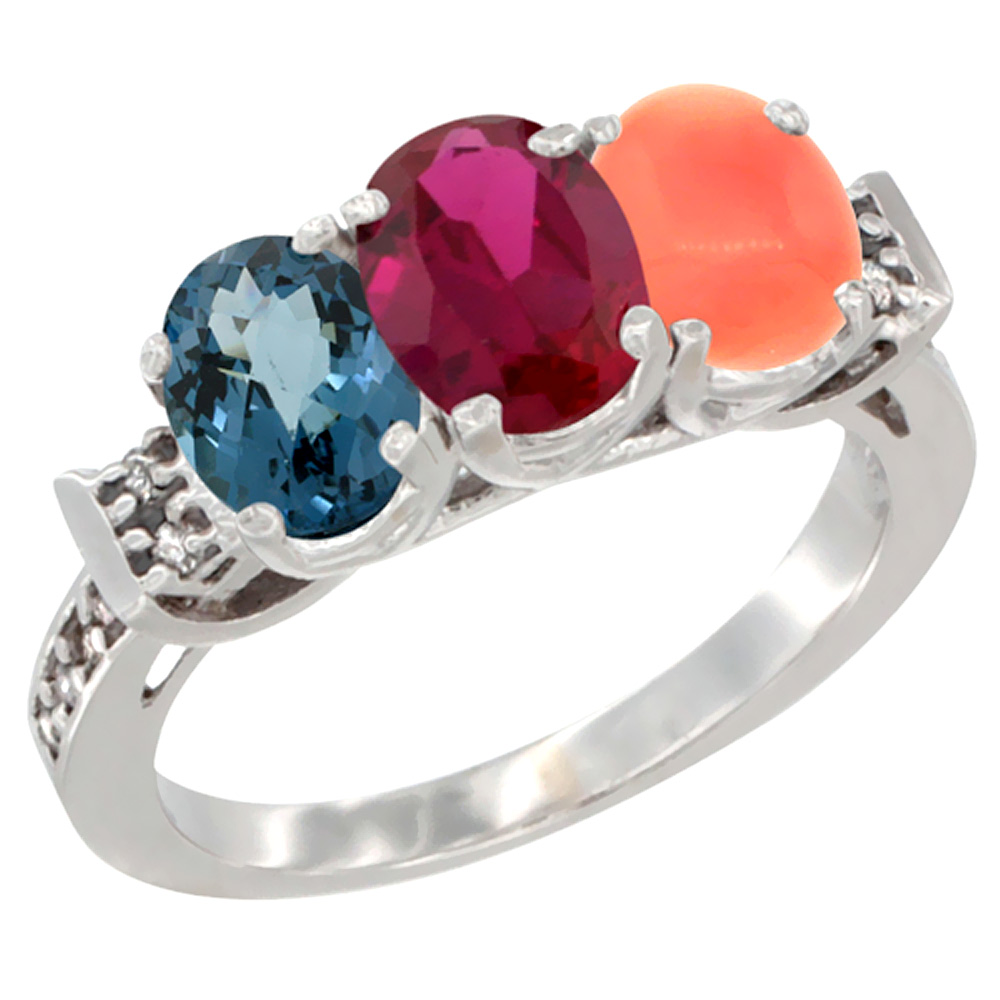 10K White Gold Natural London Blue Topaz, Enhanced Ruby &amp; Natural Coral Ring 3-Stone Oval 7x5 mm Diamond Accent, sizes 5 - 10