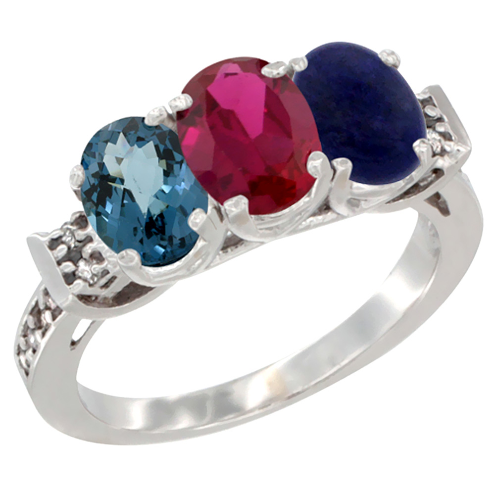 10K White Gold Natural London Blue Topaz, Enhanced Ruby & Natural Lapis Ring 3-Stone Oval 7x5 mm Diamond Accent, sizes 5 - 10