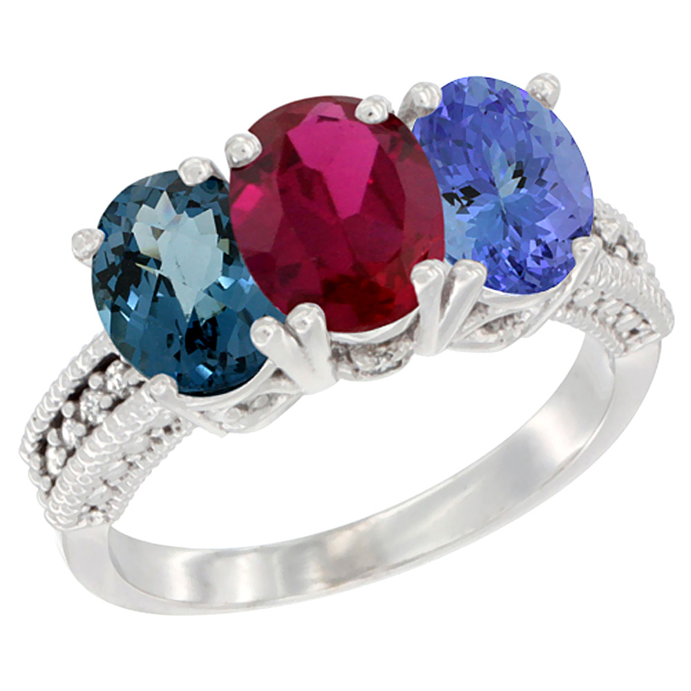 14K White Gold Natural London Blue Topaz, Enhanced Ruby &amp; Natural Tanzanite Ring 3-Stone 7x5 mm Oval Diamond Accent, sizes 5 - 10