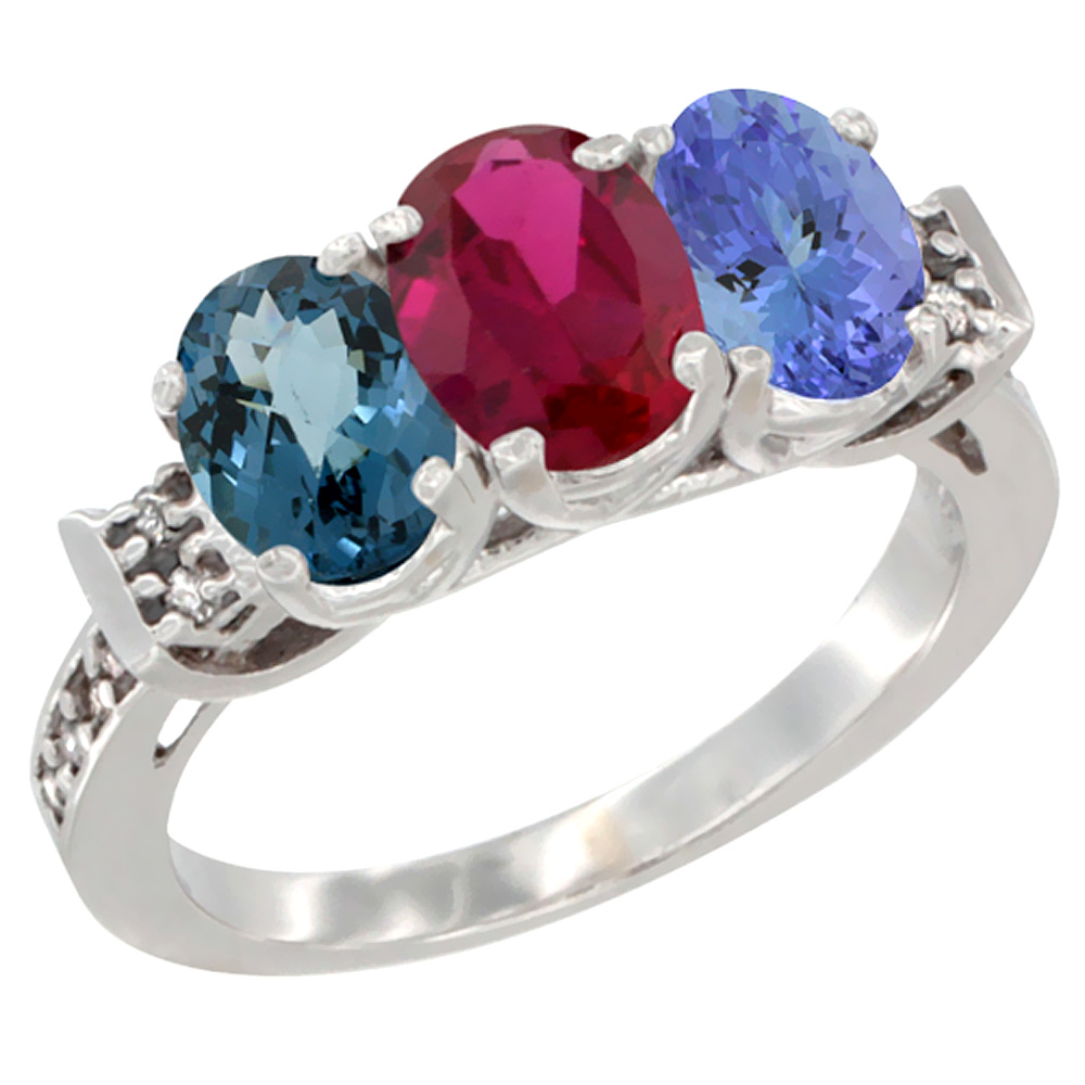 14K White Gold Natural London Blue Topaz, Enhanced Ruby & Natural Tanzanite Ring 3-Stone 7x5 mm Oval Diamond Accent, sizes 5 - 10