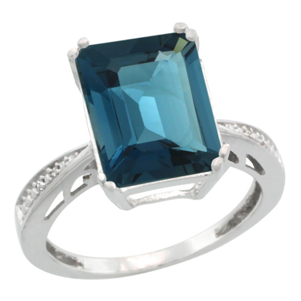 14K White Gold Diamond Natural London Blue Topaz Ring Emerald-cut 12x10mm, sizes 5-10