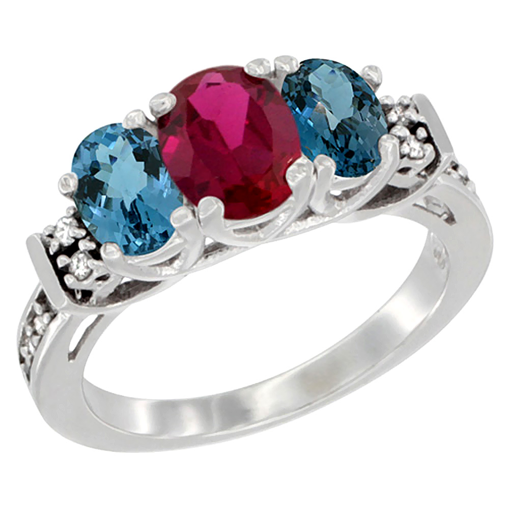 10K White Gold Natural Quality Ruby & London Blue 3-stone Mothers Ring Oval Diamond Accent, size 5-10