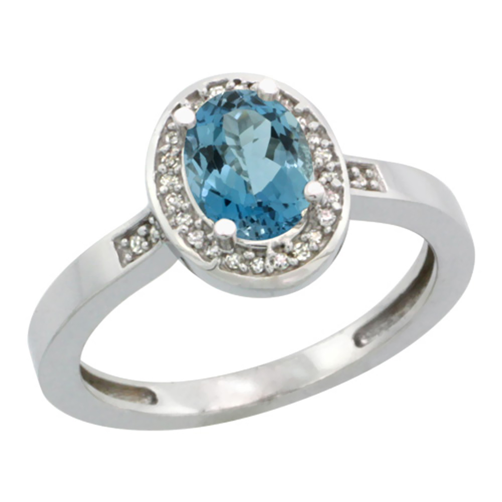 10K White Gold Diamond Natural London Blue Topaz Engagement Ring Oval 7x5mm, sizes 5-10