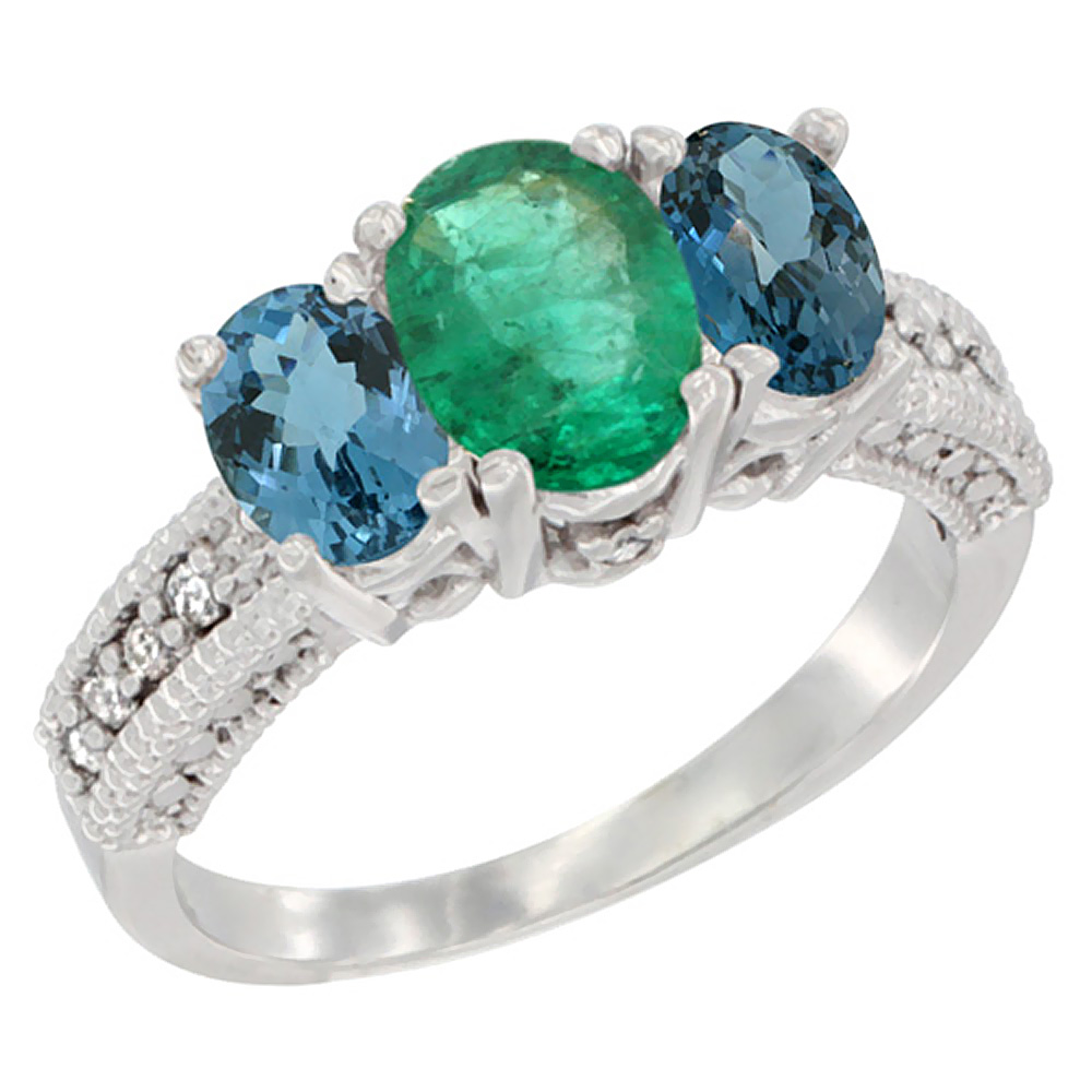 14K White Gold Diamond Natural Quality Emerald 7x5mm &amp; 6x4mm London Blue Topaz Oval 3-stone Ring,sz5-10