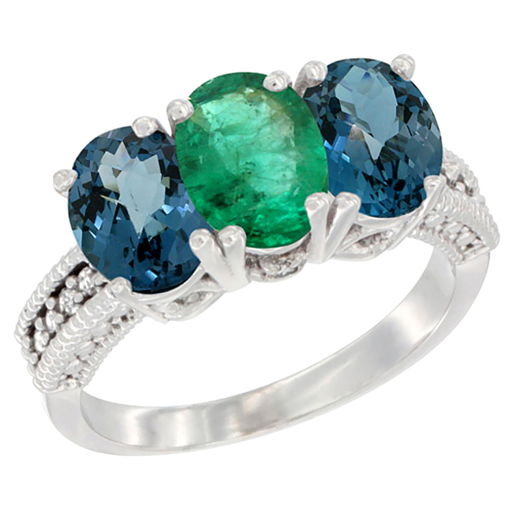 10K White Gold Natural Emerald & London Blue Topaz Sides Ring 3-Stone Oval 7x5 mm Diamond Accent, sizes 5 - 10