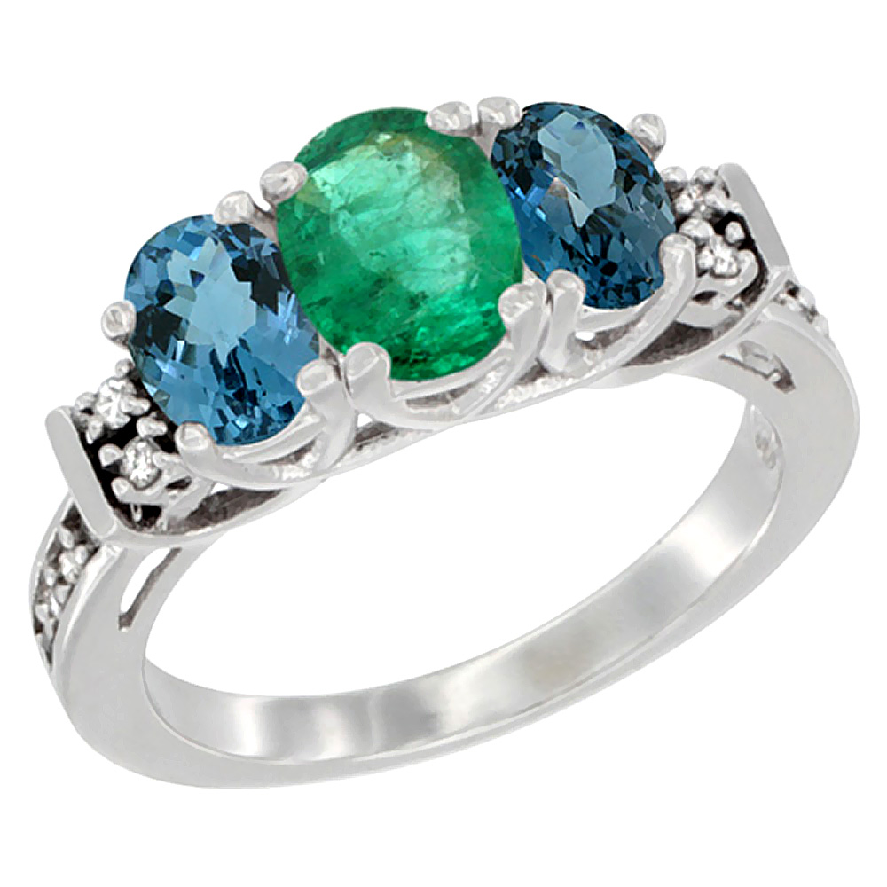 14K White Gold Natural Emerald &amp; London Blue Ring 3-Stone Oval Diamond Accent, sizes 5-10