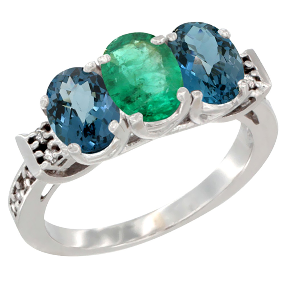10K White Gold Natural Emerald & London Blue Topaz Sides Ring 3-Stone Oval 7x5 mm Diamond Accent, sizes 5 - 10