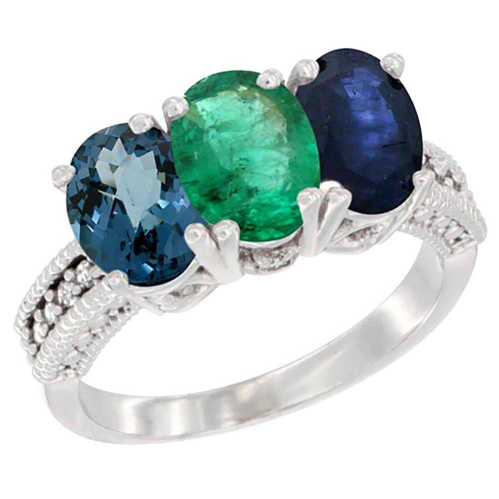 10K White Gold Natural London Blue Topaz, Emerald & Blue Sapphire Ring 3-Stone Oval 7x5 mm Diamond Accent, sizes 5 - 10