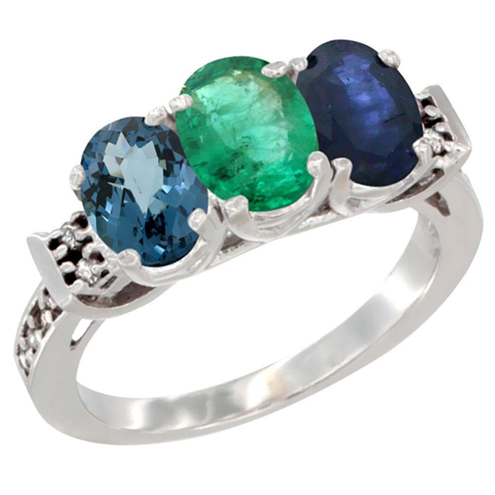 10K White Gold Natural London Blue Topaz, Emerald &amp; Blue Sapphire Ring 3-Stone Oval 7x5 mm Diamond Accent, sizes 5 - 10