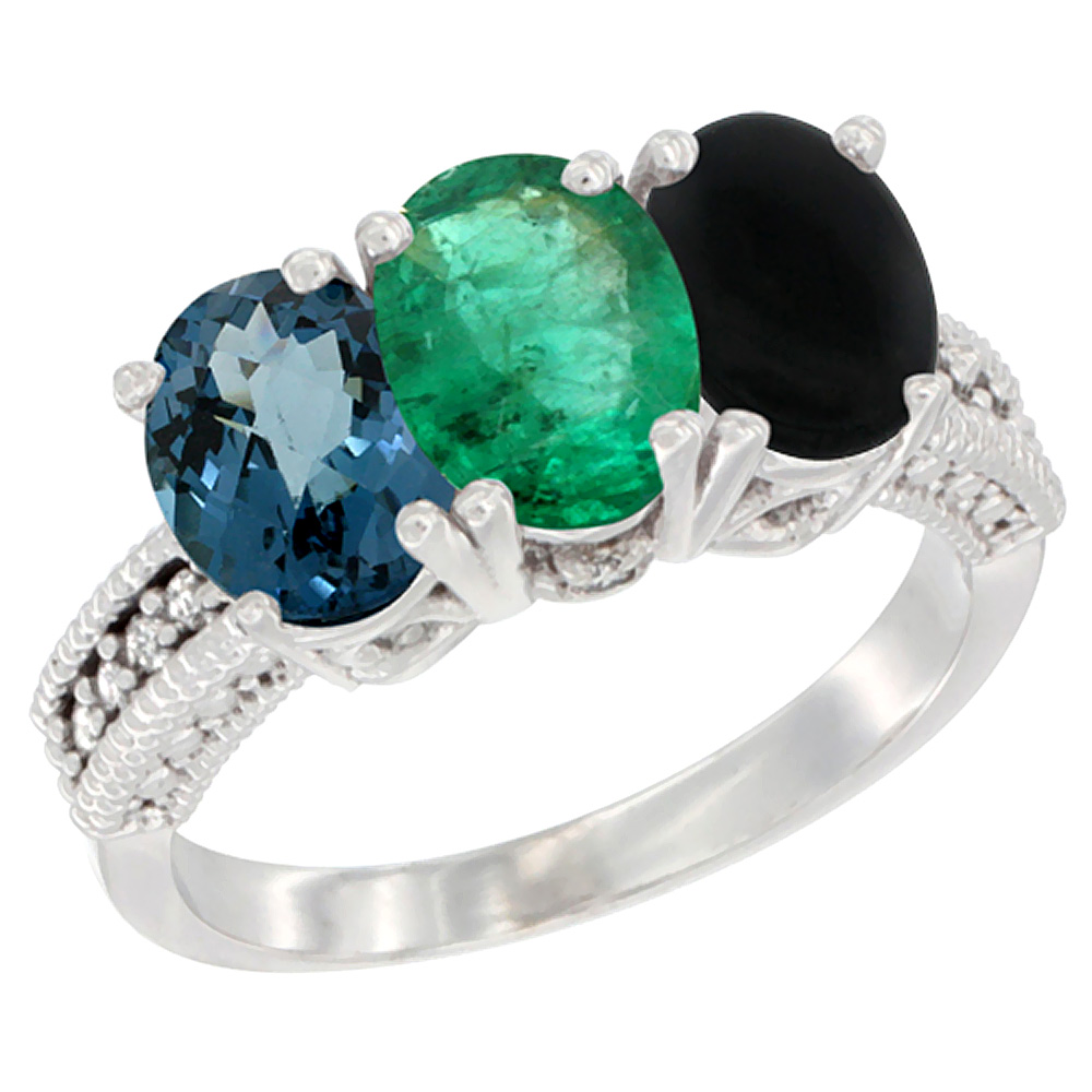 14K White Gold Natural London Blue Topaz, Emerald &amp; Black Onyx Ring 3-Stone 7x5 mm Oval Diamond Accent, sizes 5 - 10