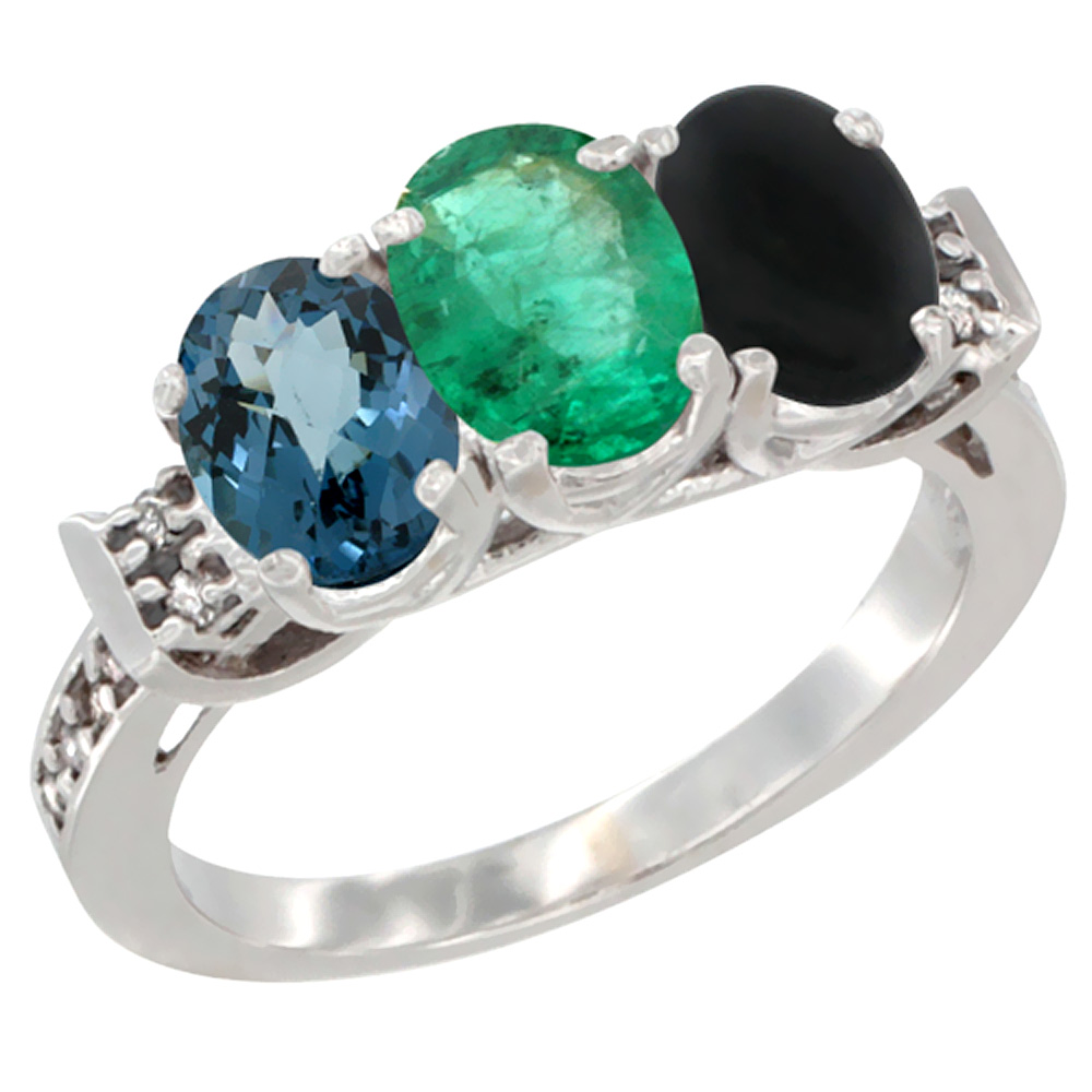 14K White Gold Natural London Blue Topaz, Emerald &amp; Black Onyx Ring 3-Stone 7x5 mm Oval Diamond Accent, sizes 5 - 10