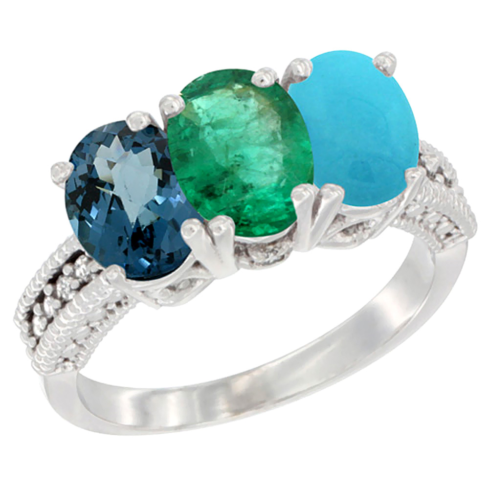 14K White Gold Natural London Blue Topaz, Emerald & Turquoise Ring 3-Stone 7x5 mm Oval Diamond Accent, sizes 5 - 10