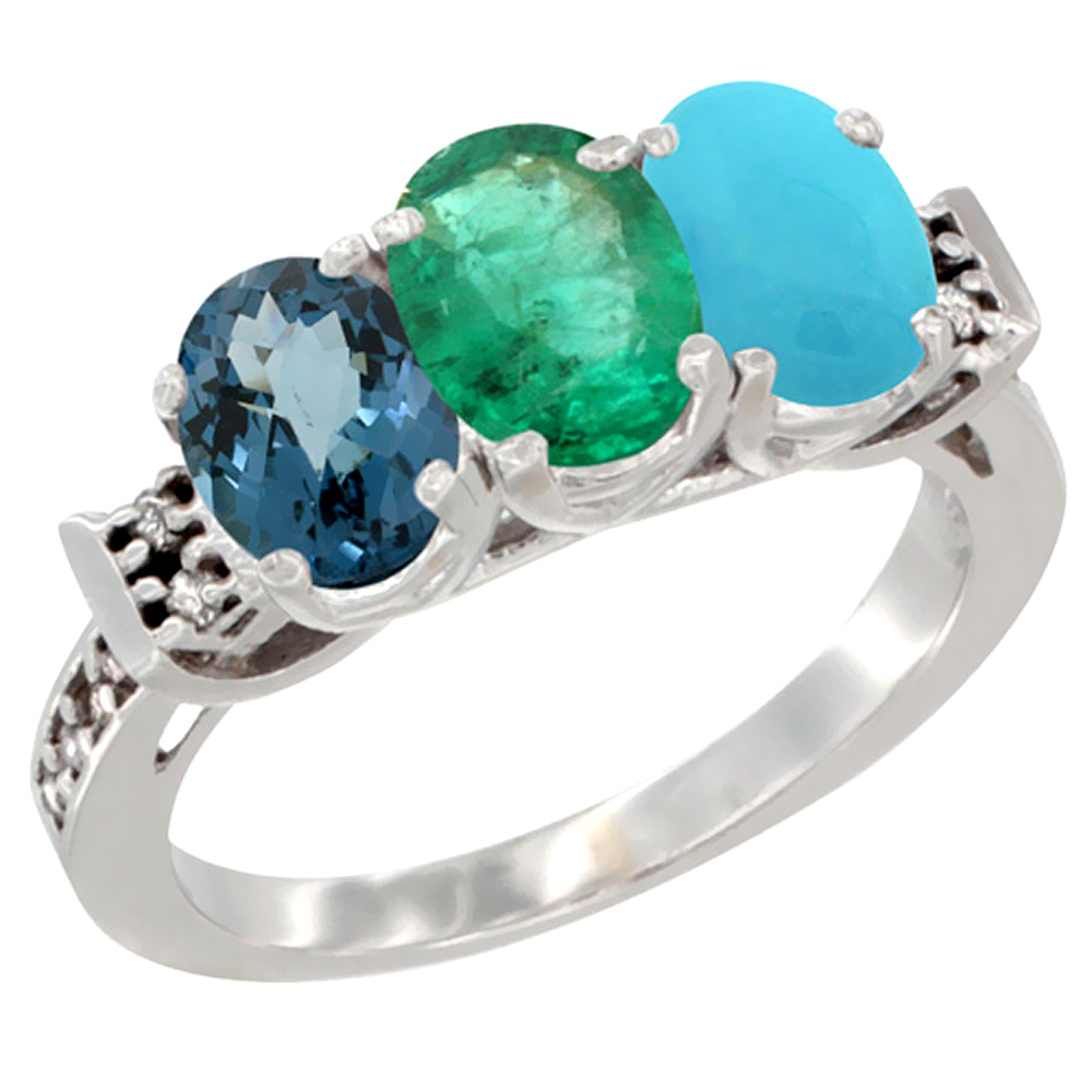 14K White Gold Natural London Blue Topaz, Emerald &amp; Turquoise Ring 3-Stone 7x5 mm Oval Diamond Accent, sizes 5 - 10