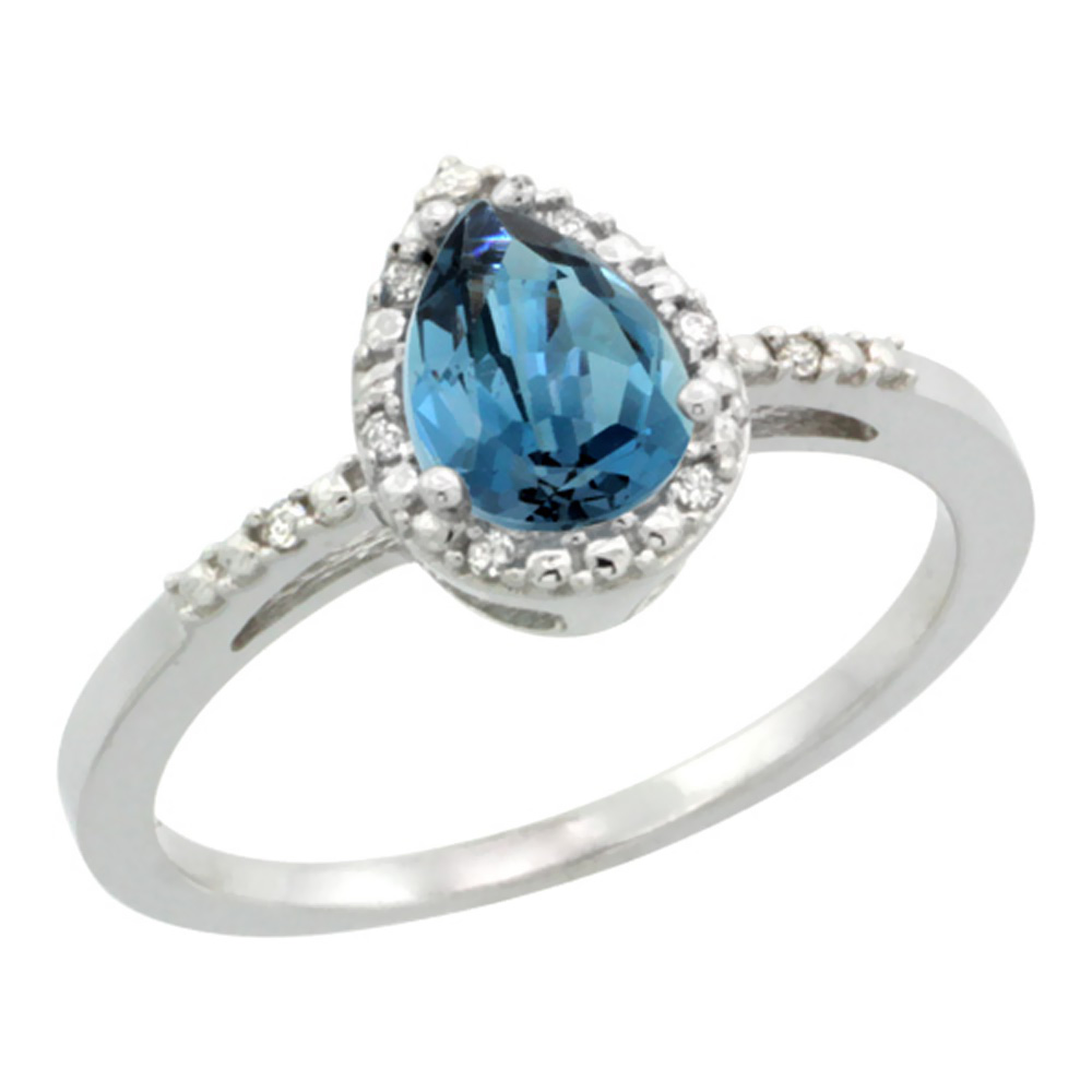 10K White Gold Diamond Natural London Blue Topaz Ring Pear 7x5mm, sizes 5-10