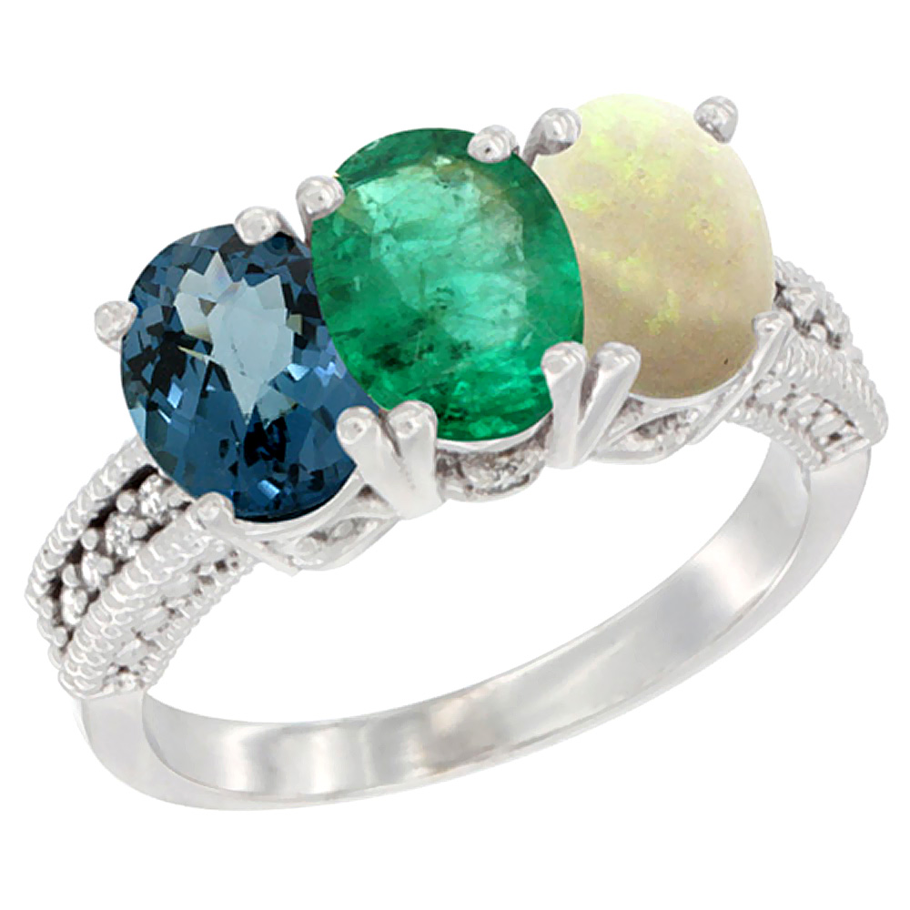 10K White Gold Natural London Blue Topaz, Emerald & Opal Ring 3-Stone Oval 7x5 mm Diamond Accent, sizes 5 - 10