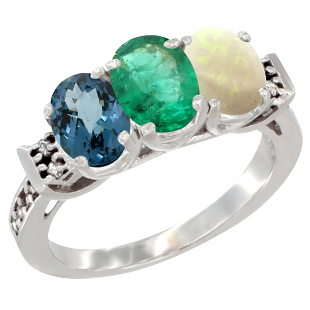 14K White Gold Natural London Blue Topaz, Emerald & Opal Ring 3-Stone 7x5 mm Oval Diamond Accent, sizes 5 - 10