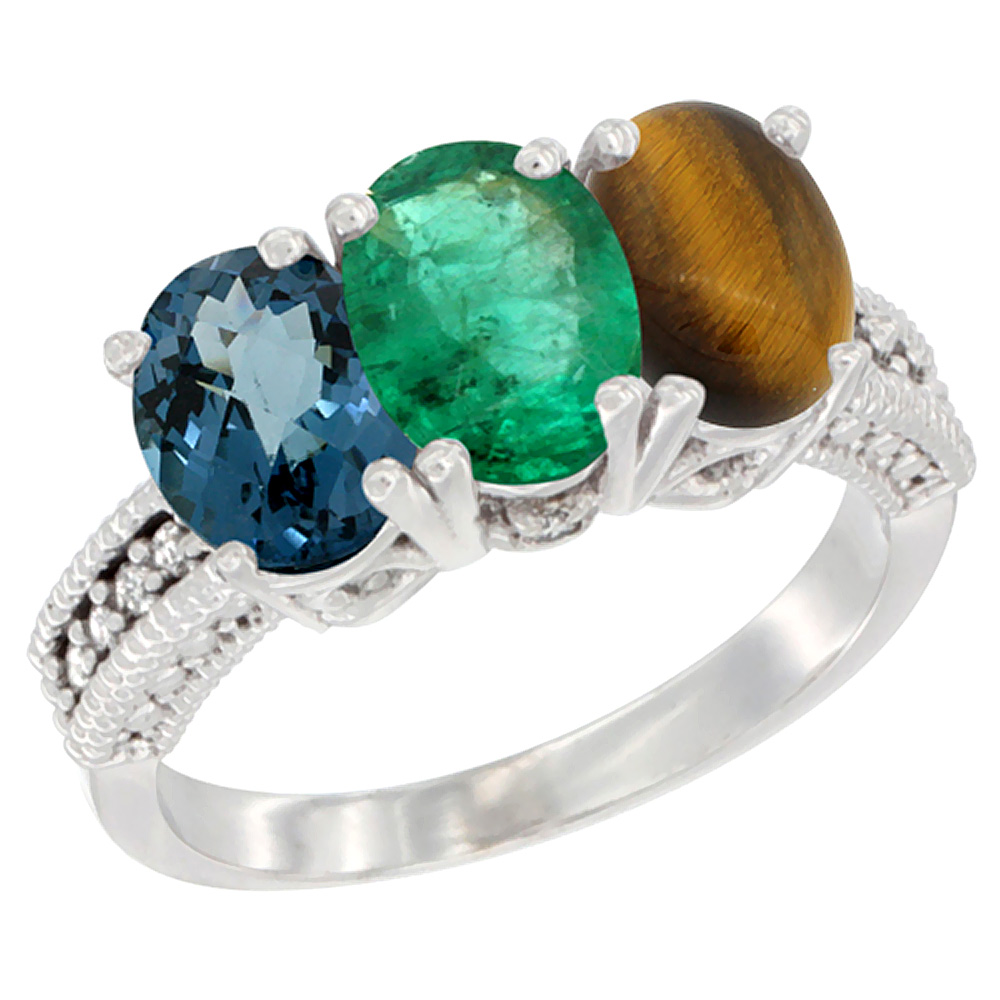 14K White Gold Natural London Blue Topaz, Emerald &amp; Tiger Eye Ring 3-Stone 7x5 mm Oval Diamond Accent, sizes 5 - 10