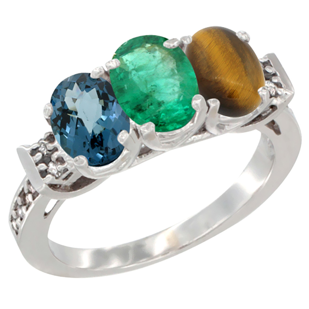 10K White Gold Natural London Blue Topaz, Emerald &amp; Tiger Eye Ring 3-Stone Oval 7x5 mm Diamond Accent, sizes 5 - 10