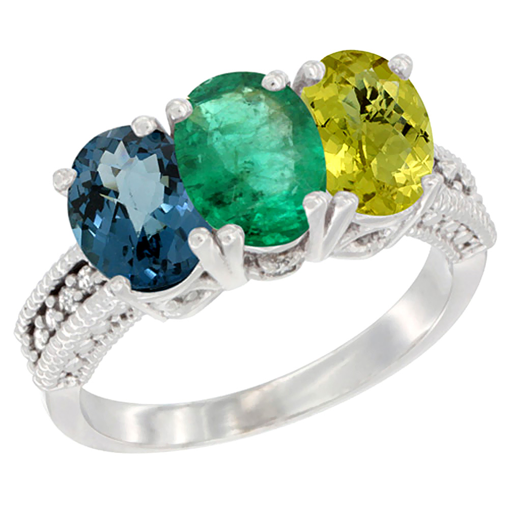14K White Gold Natural London Blue Topaz, Emerald &amp; Lemon Quartz Ring 3-Stone 7x5 mm Oval Diamond Accent, sizes 5 - 10
