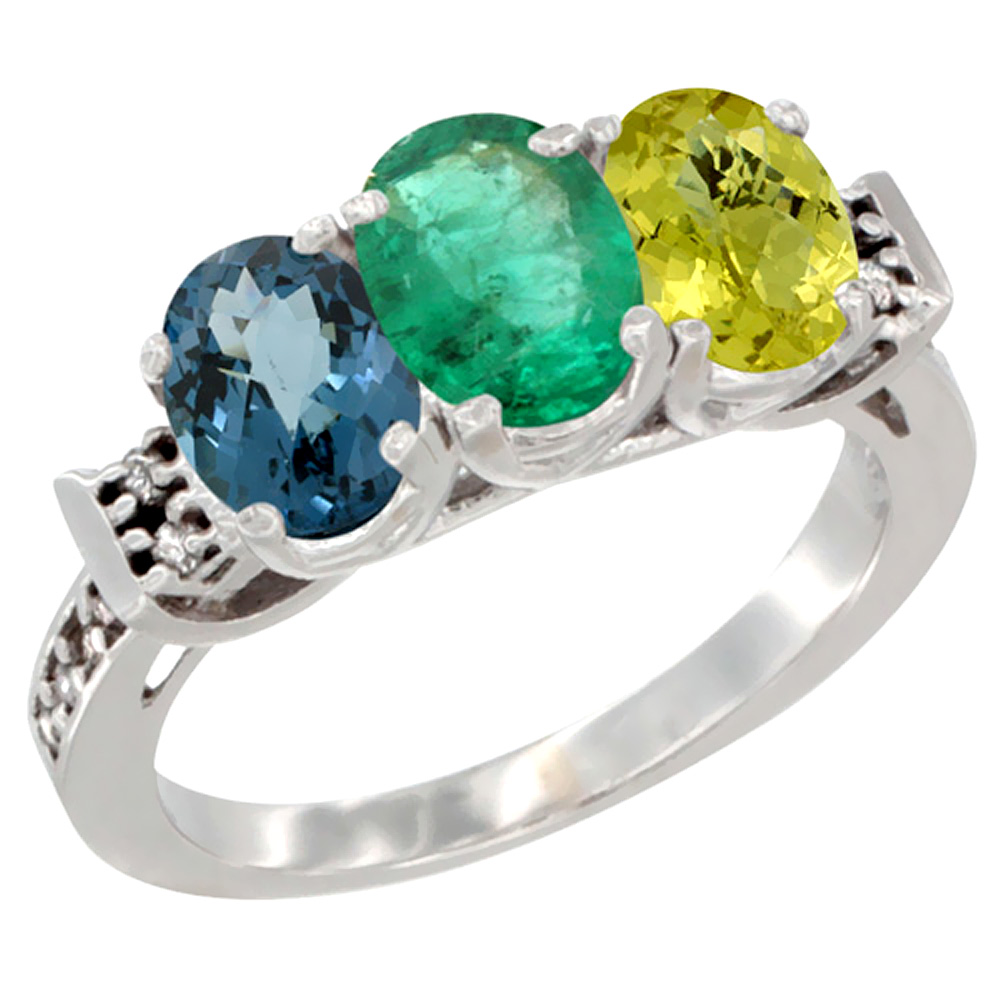 14K White Gold Natural London Blue Topaz, Emerald & Lemon Quartz Ring 3-Stone 7x5 mm Oval Diamond Accent, sizes 5 - 10