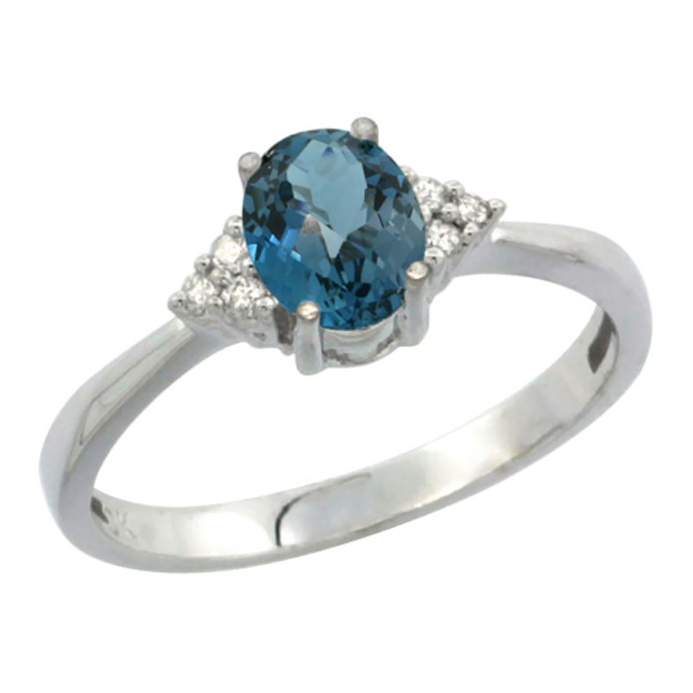 14K White Gold Diamond Natural London Blue Topaz Engagement Ring Oval 7x5mm, sizes 5-10