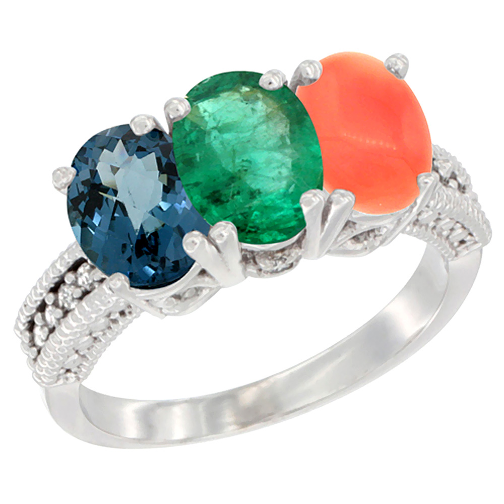 10K White Gold Natural London Blue Topaz, Emerald & Coral Ring 3-Stone Oval 7x5 mm Diamond Accent, sizes 5 - 10