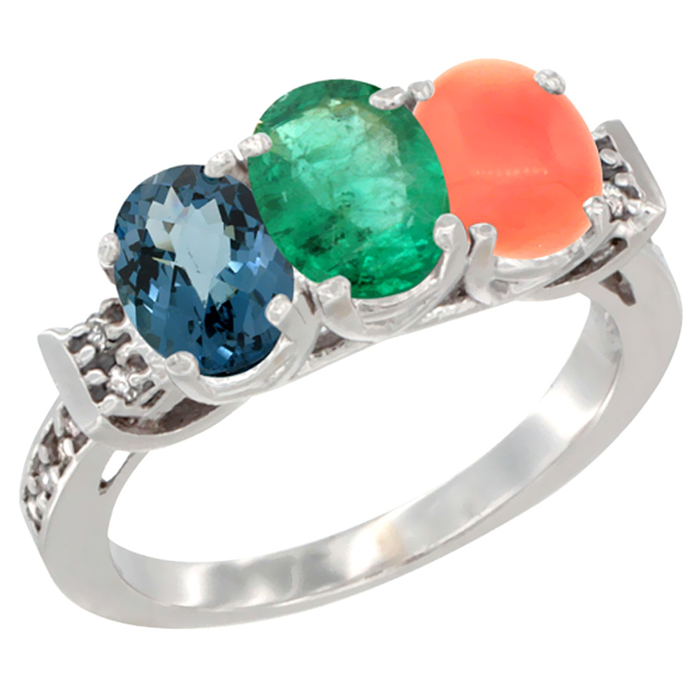 14K White Gold Natural London Blue Topaz, Emerald &amp; Coral Ring 3-Stone 7x5 mm Oval Diamond Accent, sizes 5 - 10