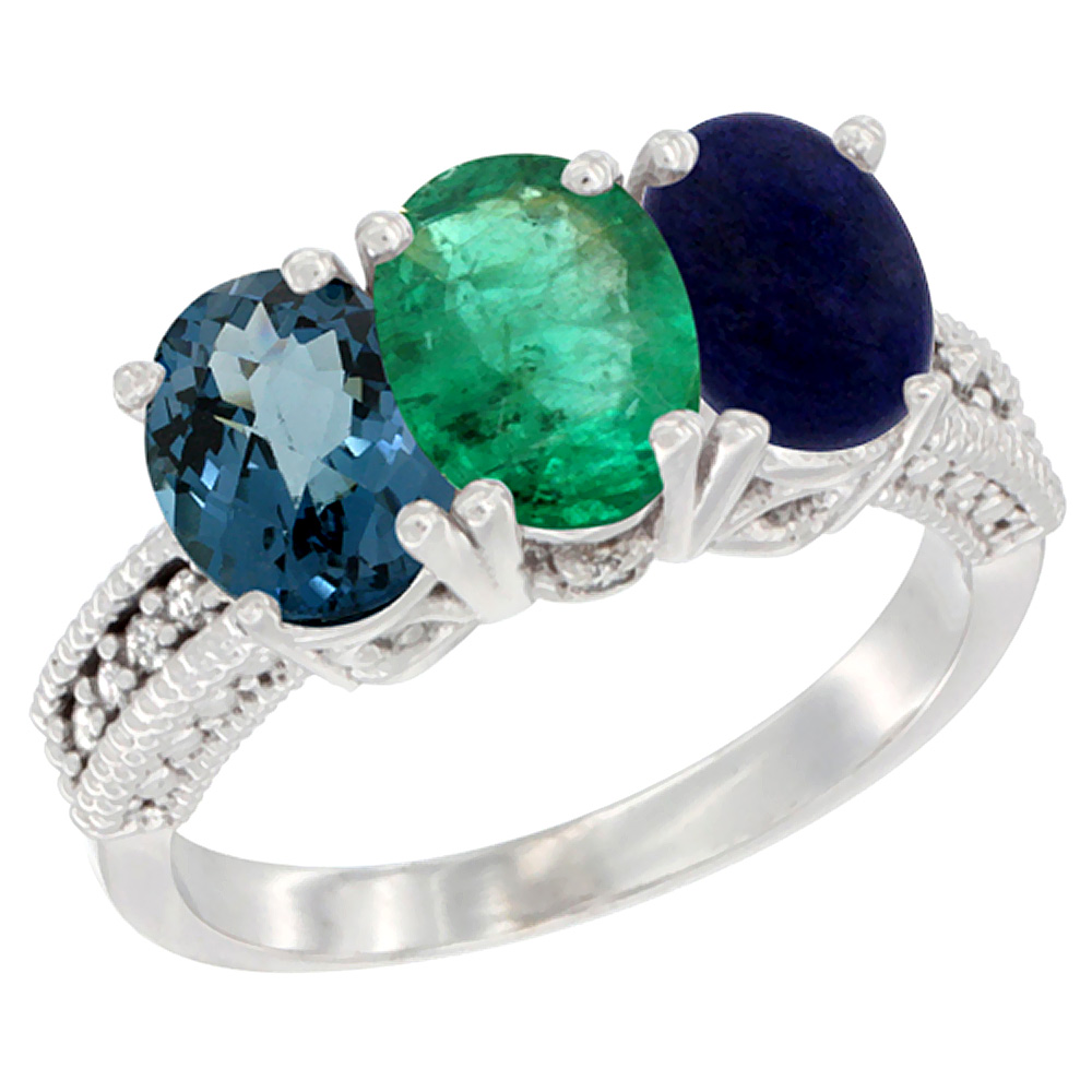 10K White Gold Natural London Blue Topaz, Emerald &amp; Lapis Ring 3-Stone Oval 7x5 mm Diamond Accent, sizes 5 - 10