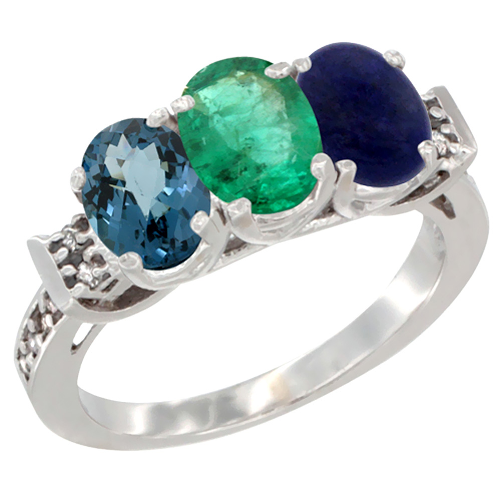 14K White Gold Natural London Blue Topaz, Emerald &amp; Lapis Ring 3-Stone 7x5 mm Oval Diamond Accent, sizes 5 - 10
