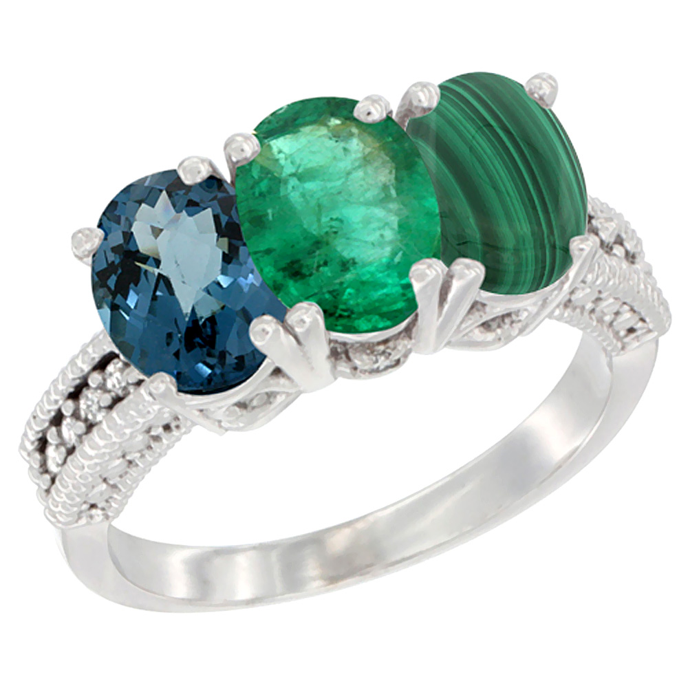 10K White Gold Natural London Blue Topaz, Emerald & Malachite Ring 3-Stone Oval 7x5 mm Diamond Accent, sizes 5 - 10