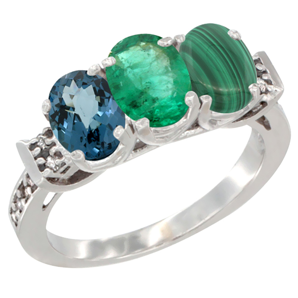 10K White Gold Natural London Blue Topaz, Emerald & Malachite Ring 3-Stone Oval 7x5 mm Diamond Accent, sizes 5 - 10