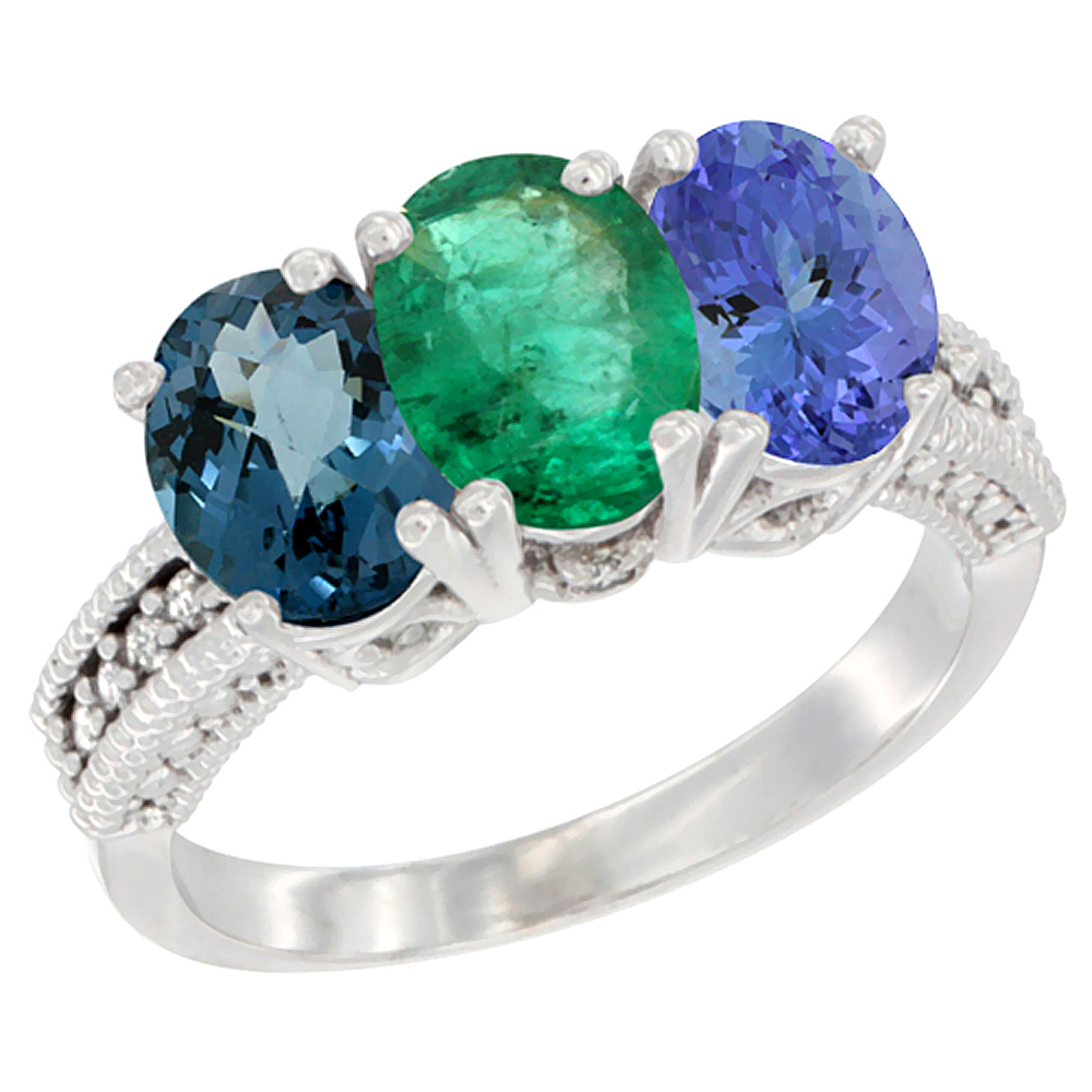 14K White Gold Natural London Blue Topaz, Emerald & Tanzanite Ring 3-Stone 7x5 mm Oval Diamond Accent, sizes 5 - 10