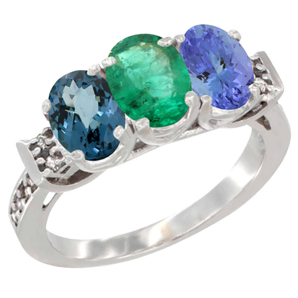 10K White Gold Natural London Blue Topaz, Emerald & Tanzanite Ring 3-Stone Oval 7x5 mm Diamond Accent, sizes 5 - 10