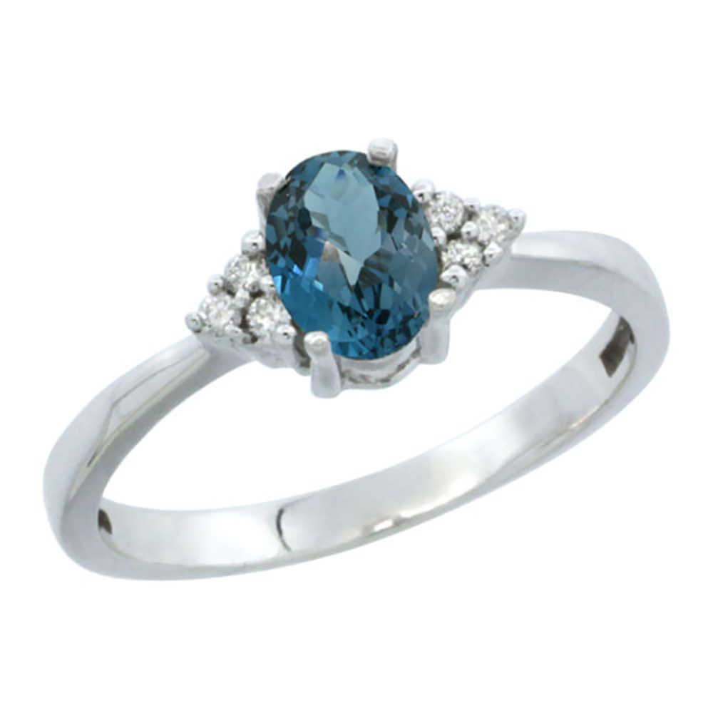 14K White Gold Natural London Blue Topaz Ring Oval 6x4mm Diamond Accent, sizes 5-10