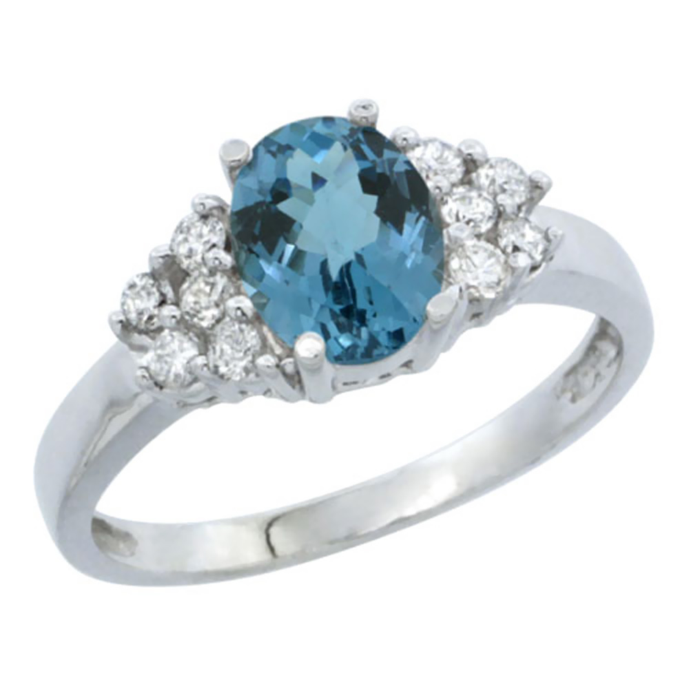 14K White Gold Natural London Blue Topaz Ring Oval 8x6mm Diamond Accent, sizes 5-10