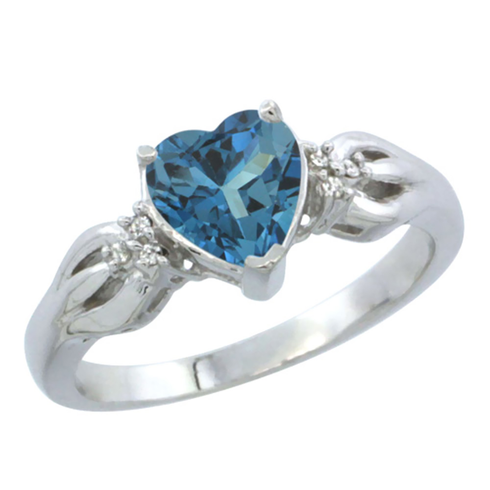 10K White Gold Natural London Blue Topaz Ring Heart-shape 7x7mm Diamond Accent, sizes 5-10