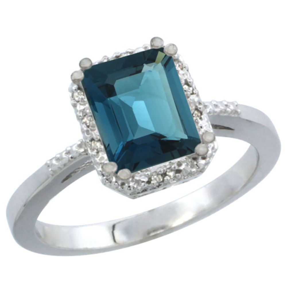 14K White Gold Natural London Blue Topaz Ring Emerald-shape 8x6mm Diamond Accent, sizes 5-10