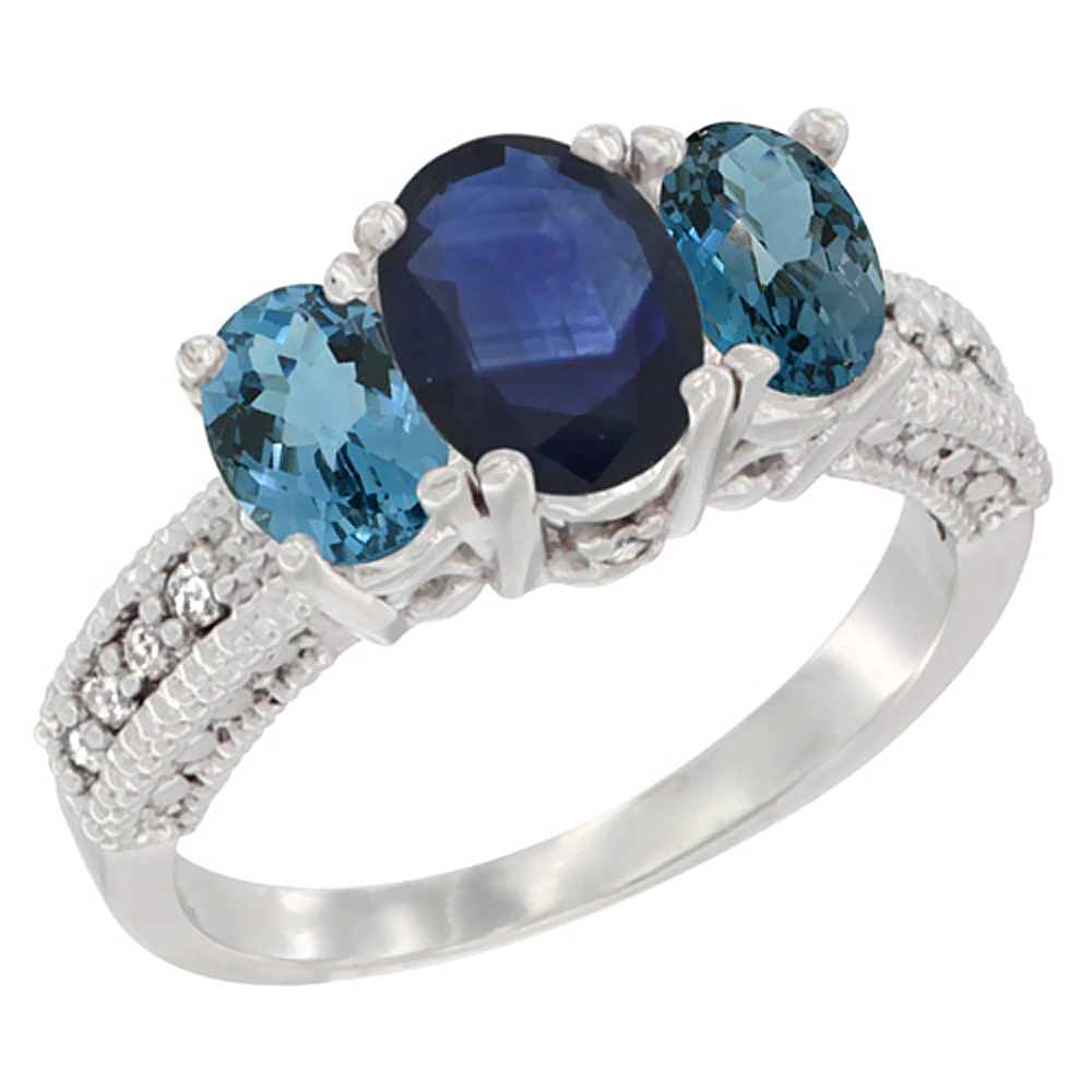 14K White Gold Diamond Natural Blue Sapphire Ring Oval 3-stone with London Blue Topaz, sizes 5 - 10