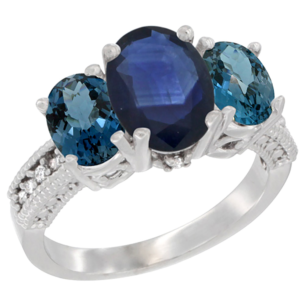 14K White Gold Diamond Natural Blue Sapphire Ring 3-Stone Oval 8x6mm with London Blue Topaz, sizes5-10